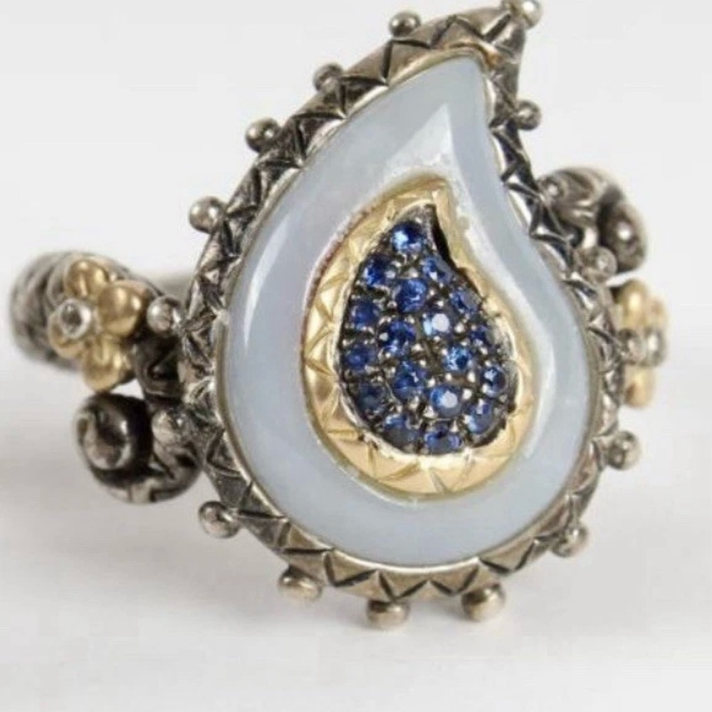 Barbara Bixby 925 Silver 18k Gold Blue Diamonds & Jade Paisley Ring Size 7.25